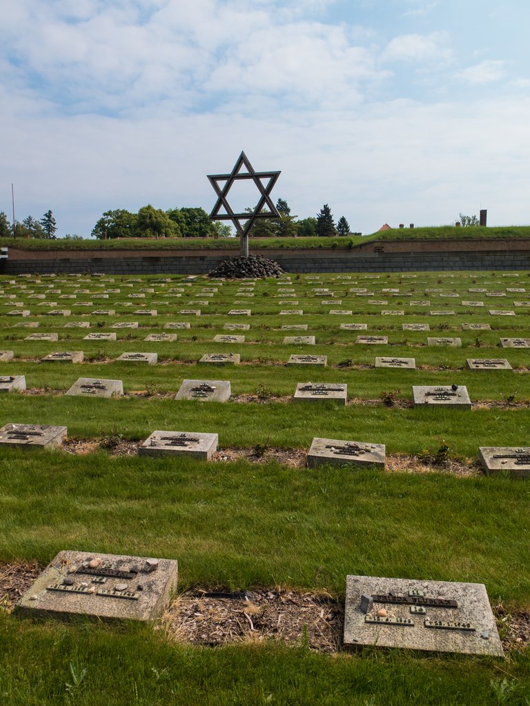 Hundreds of gravestones in the cemetery, overlooked by a large metal Star of David under a clear sky.